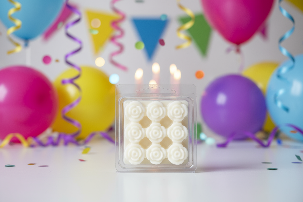 hite wax melt next to a birtjday background